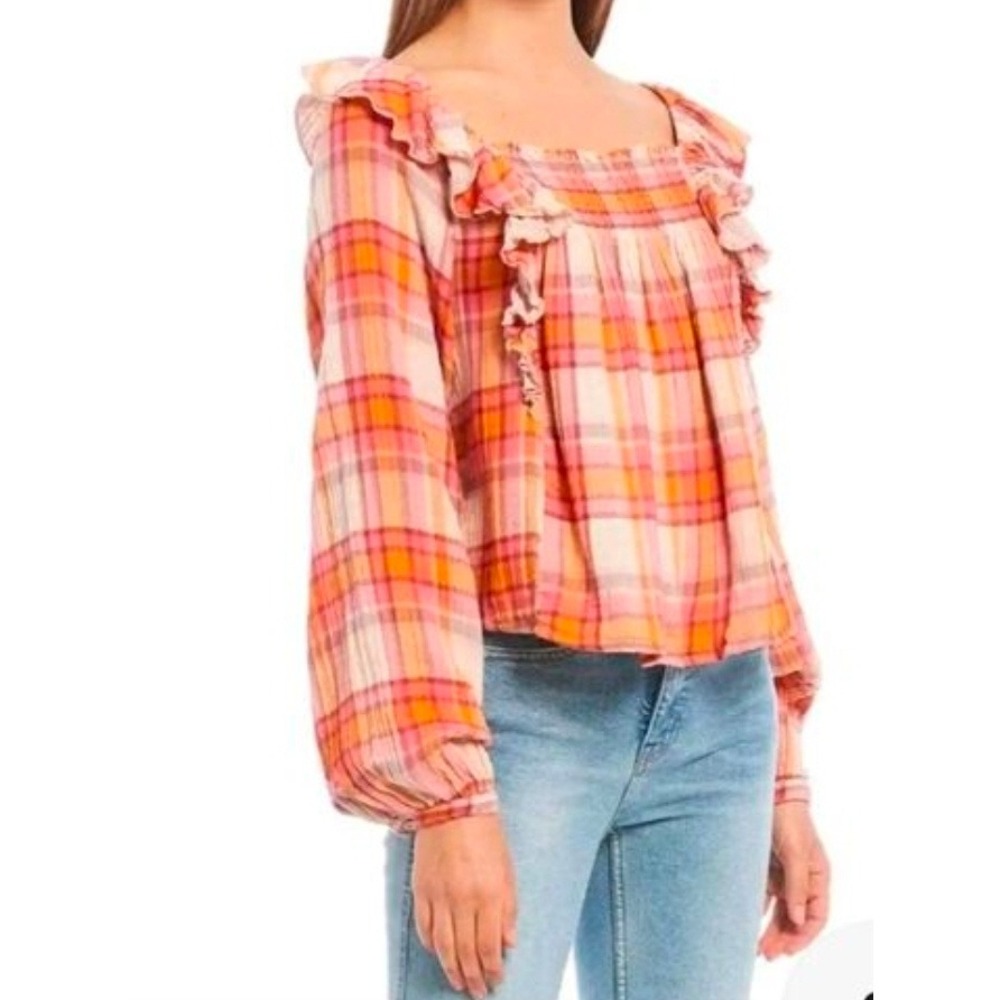 We The Free Orange Top Size M Plaid Square Neck Smocked Gauze Ruffle Long Sleeve